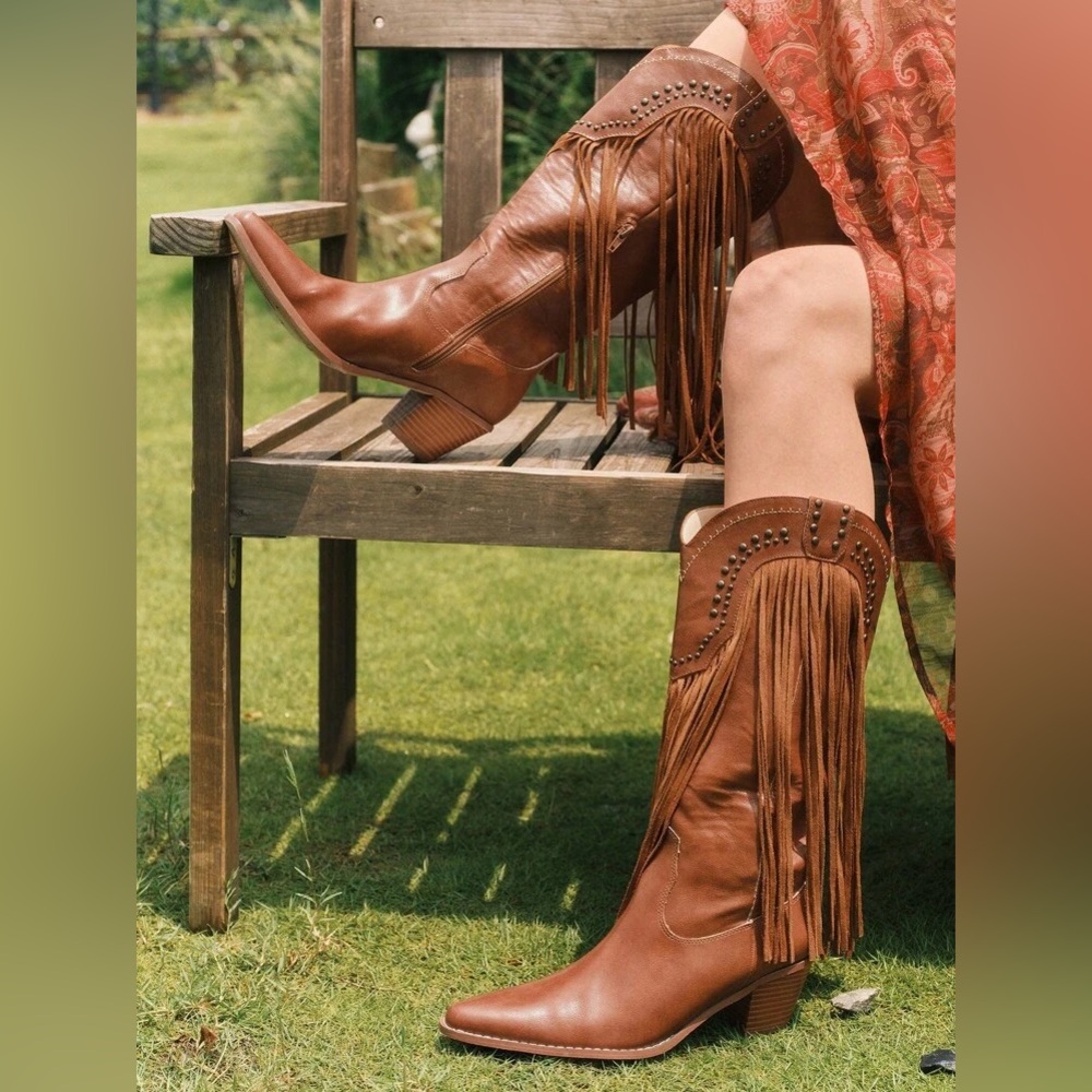 Styleloop size 7 Women’s Tan Faux Leather Studded Fringe Western Cowboy Boots - Picture 2 of 15